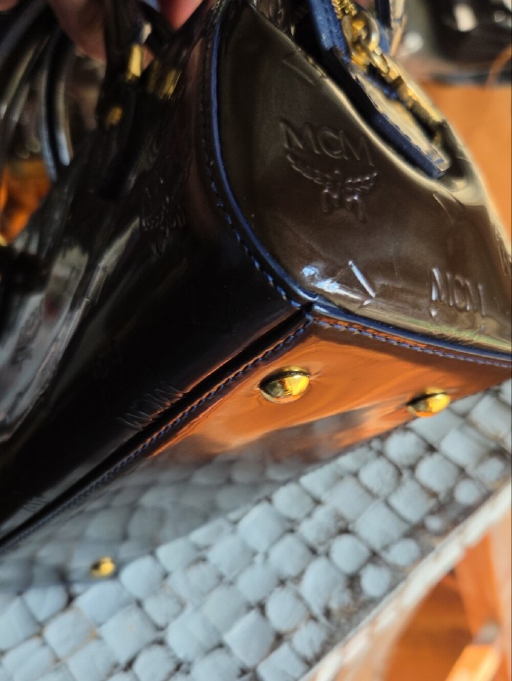 MCM Mini Olive Green & Blue Patent Leather Top-Handle Mini Crossbody - Picture 10 of 16